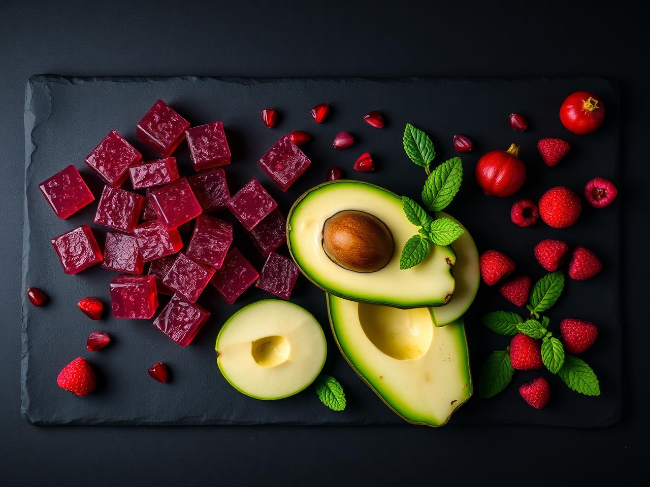 Berry gummies with green apple, avocado, pomegranate and mint on dark slate